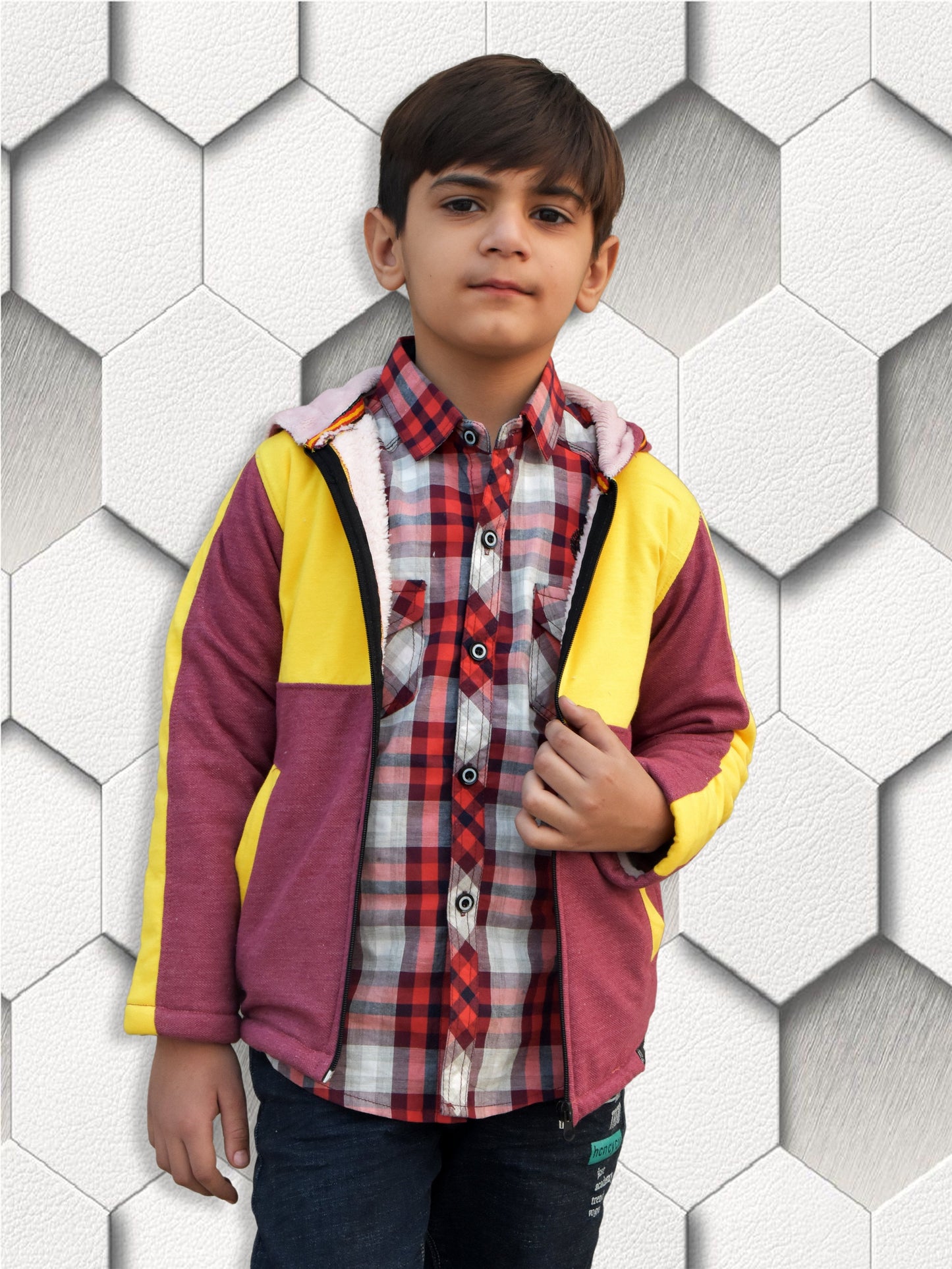 Mango Stylish Inner Fur Zipper Hoodie For Kids-Yellow & Burgundy-BE150/BR561