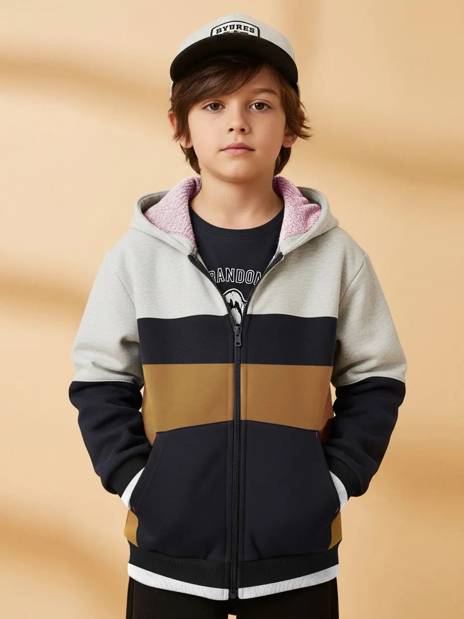 NXT Inner Fur Hood Fleece Full Zipper Hoodie For Kids-Navy with Brown & White Melange Panels-BE2480/BR14493