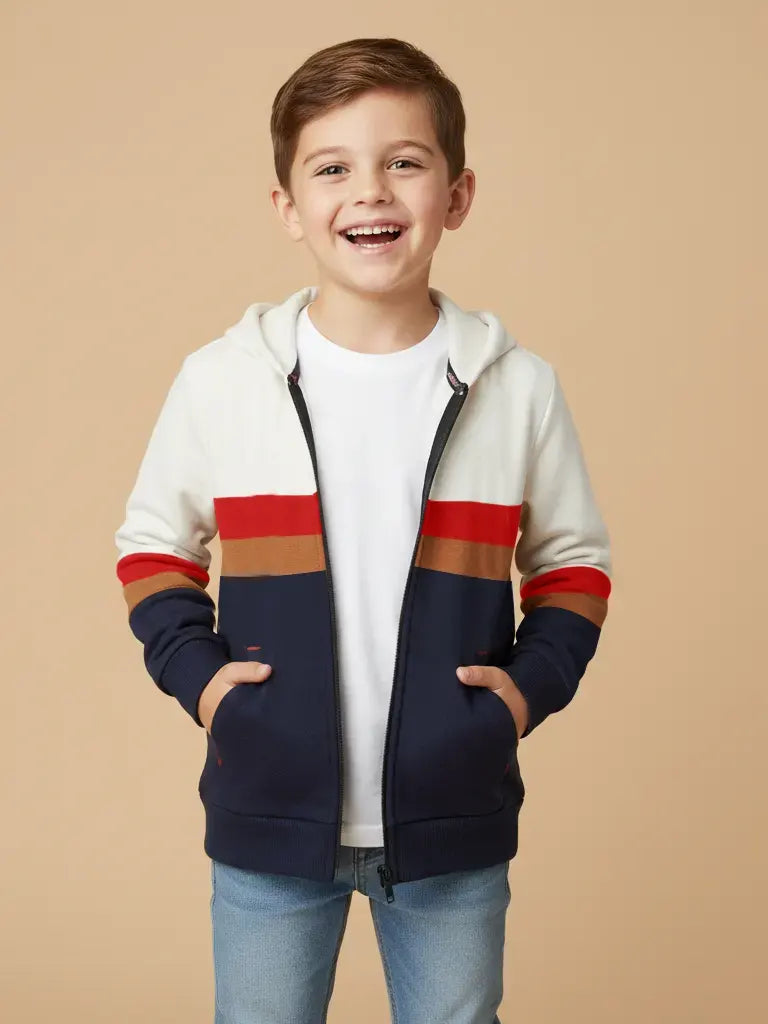 NXT Fleece Full Zipper Hoodie For Kids-Navy & Off White, Brown & Red Panels-BE2759/BR14657