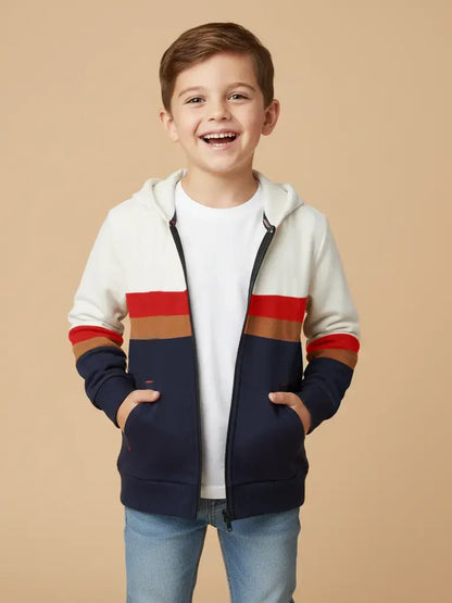 NXT Fleece Full Zipper Hoodie For Kids-Navy & Off White, Brown & Red Panels-BE2759/BR14657