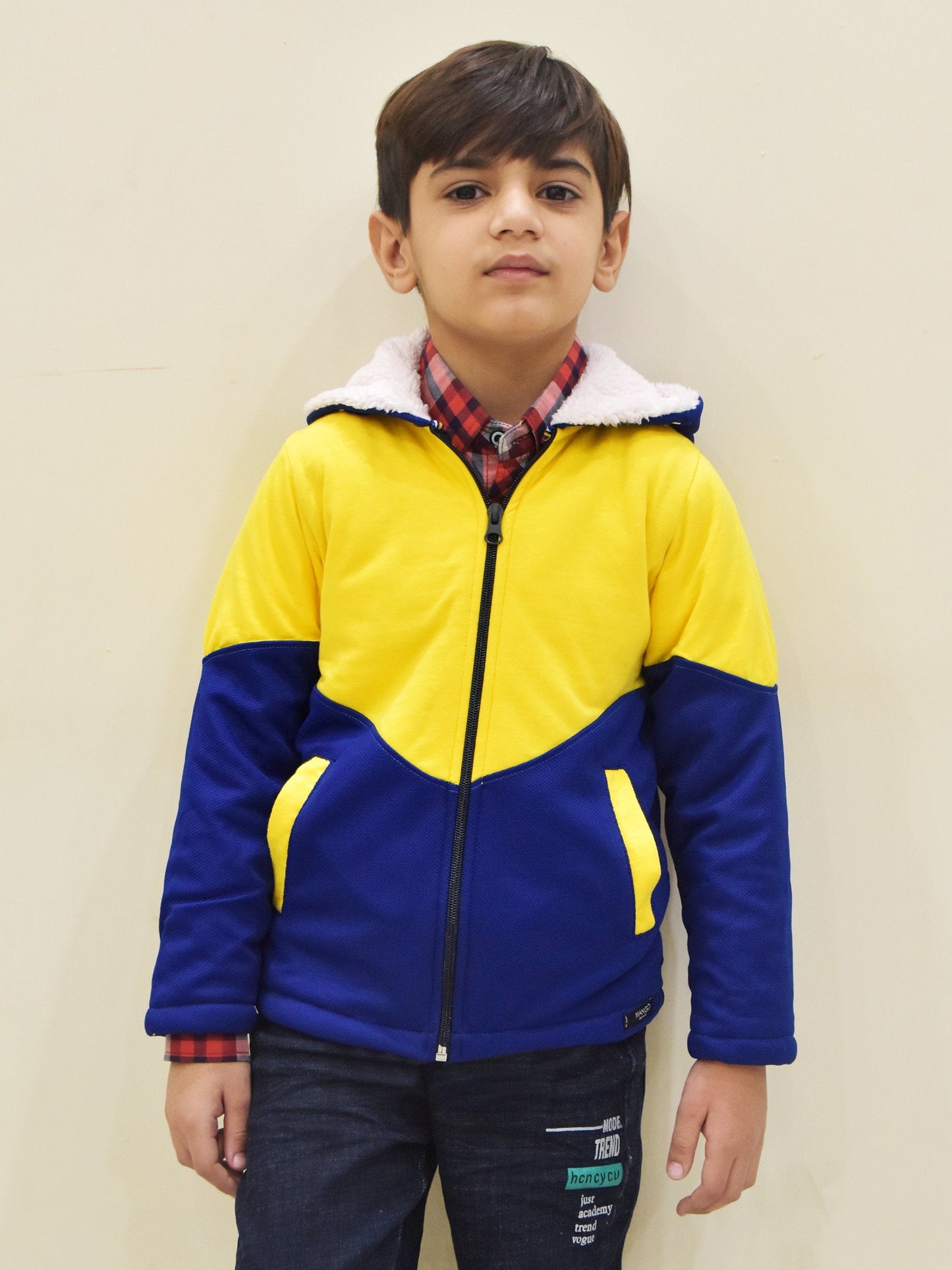 Mango Stylish Inner Fur Zipper Hoodie For Kids-Yellow & Royal Blue-BR964