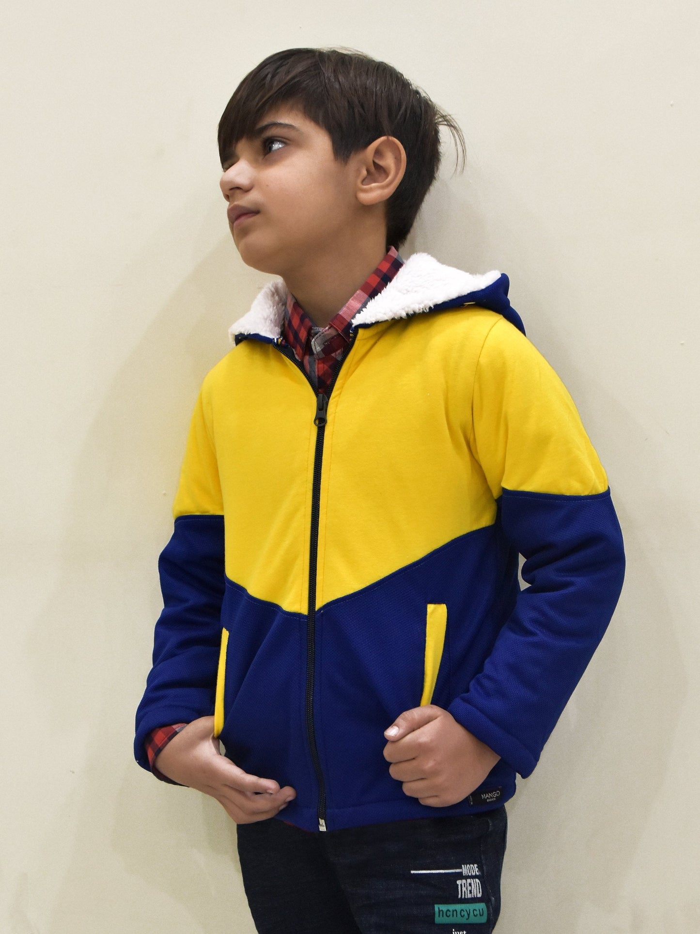 Mango Stylish Inner Fur Zipper Hoodie For Kids-Yellow & Royal Blue-BR964