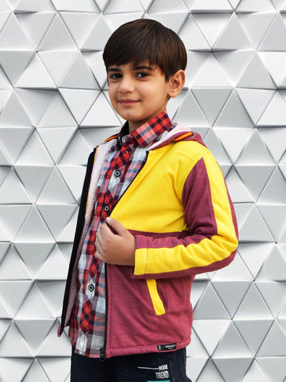 Mango Stylish Inner Fur Zipper Hoodie For Kids-Yellow & Burgundy-BE150/BR561
