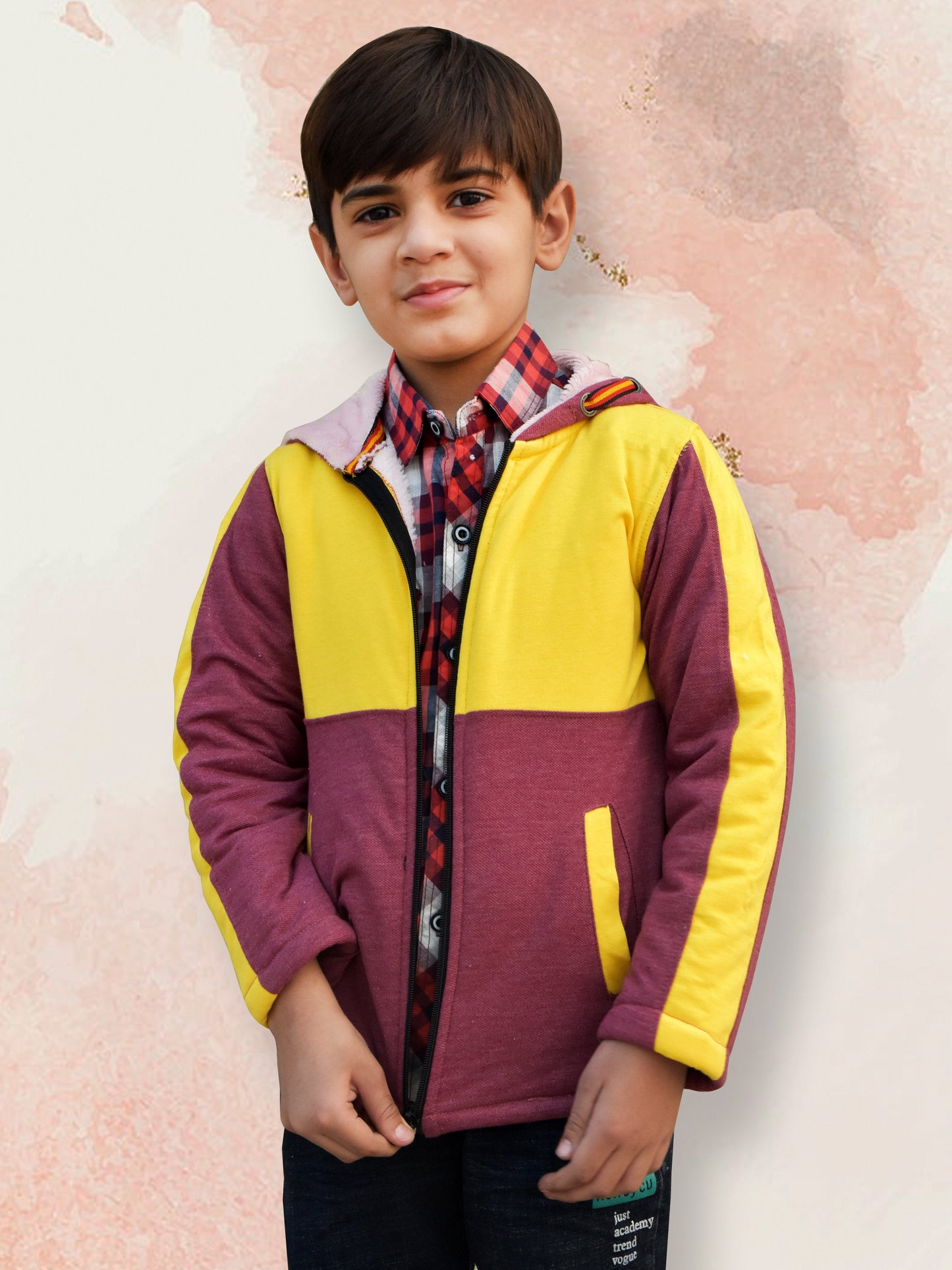 Mango Stylish Inner Fur Zipper Hoodie For Kids-Yellow & Burgundy-BR561