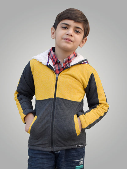 Mango Stylish Inner Fur Zipper Hoodie For Kids-Yellow Melange & Charcoal Melange-BE135/BR944