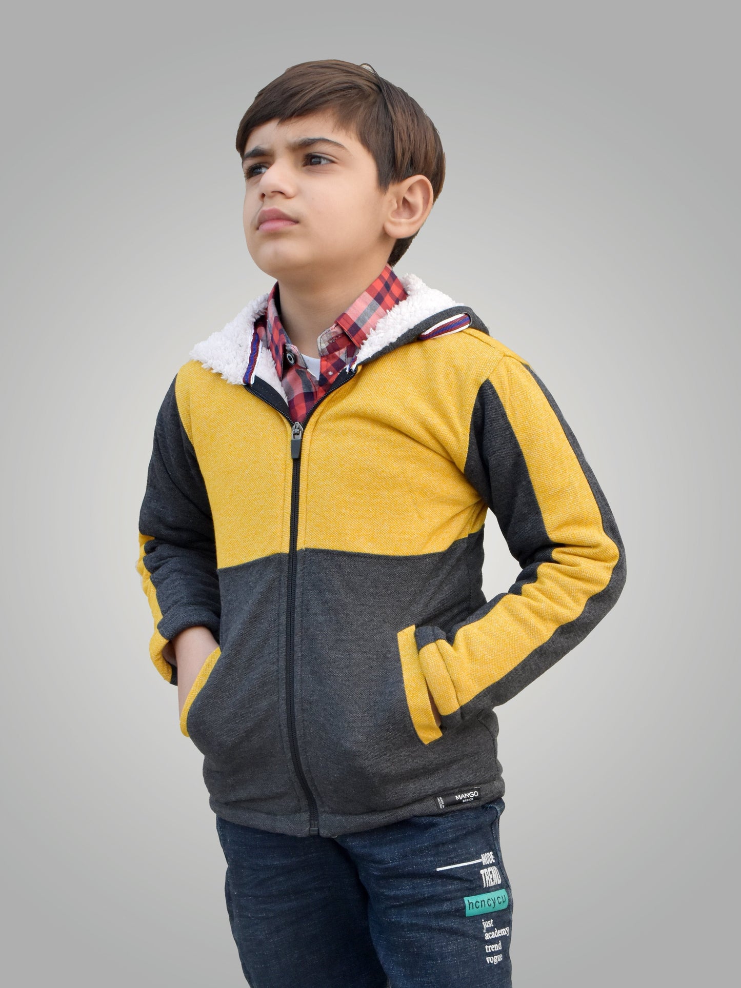 Mango Stylish Inner Fur Zipper Hoodie For Kids-Yellow Melange & Charcoal Melange-BE135/BR944