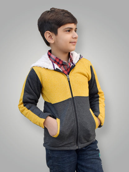 Mango Stylish Inner Fur Zipper Hoodie For Kids-Yellow Melange & Charcoal Melange-BR944