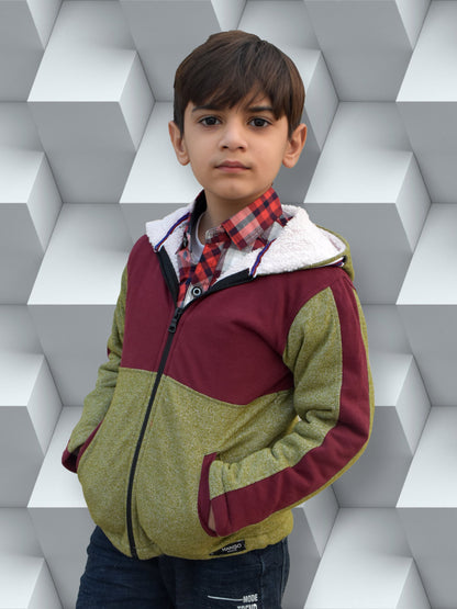 Mango Stylish Inner Fur Zipper Hoodie For Kids-Green Melange & Burgundy-BR957