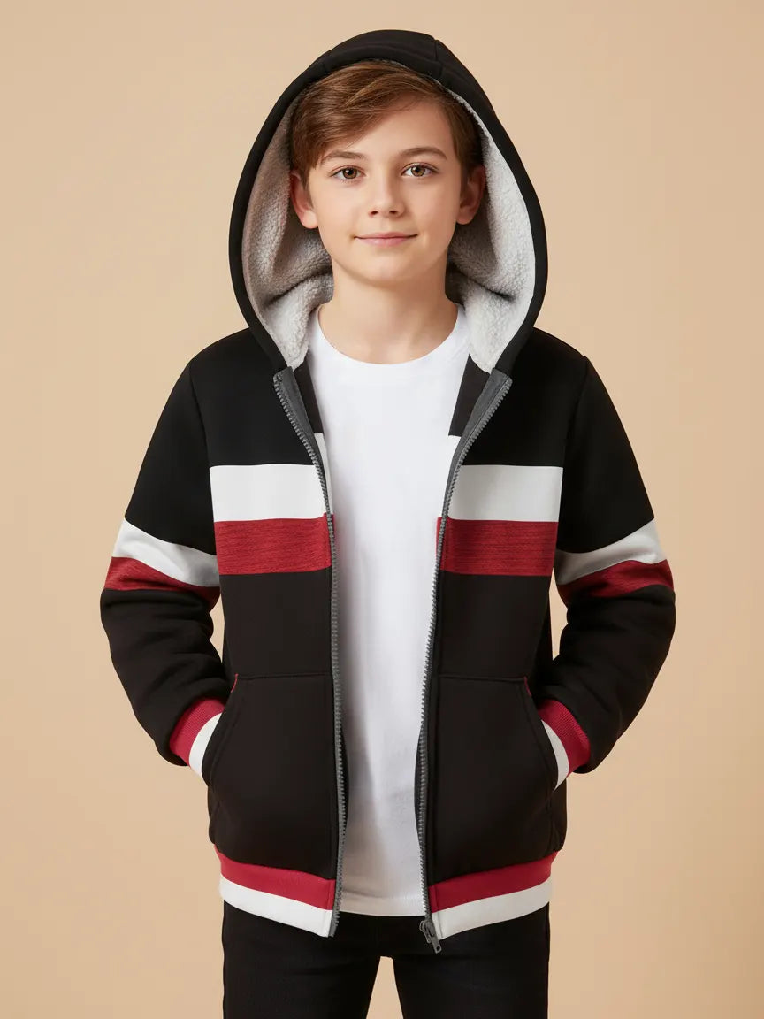 NXT Inner Fur Hood Fleece Full Zipper Hoodie For Kids-Black with Brown Panels-BE2624/BR14544