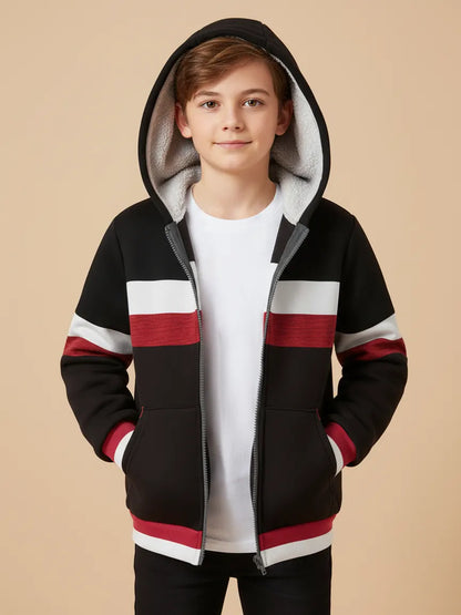 NXT Inner Fur Hood Fleece Full Zipper Hoodie For Kids-Black with Brown Panels-BE2624/BR14544