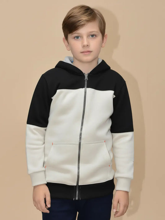 NXT Inner Hood Fur Fleece Full Zipper Hoodie For Kids-Wheat with Black Panels-BE2350/BR14457
