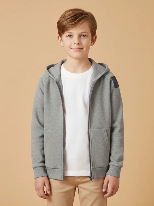 Nyc Polo Raglan Sleeve Fleece Zipper Hoodie For Kids-Grey Melange-SP1245/RT2308