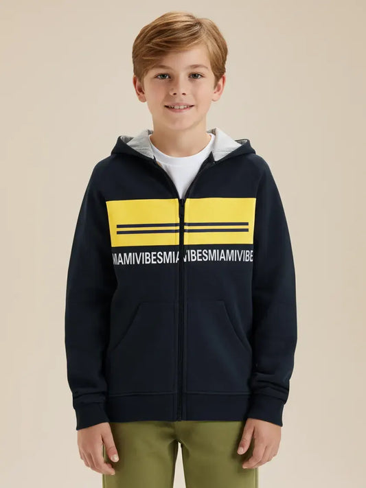 Miami Vibes Stylish Inner Fur Zipper Hoodie For Kids-Navy With Lime Yellow Panel-SP1174/RT2292