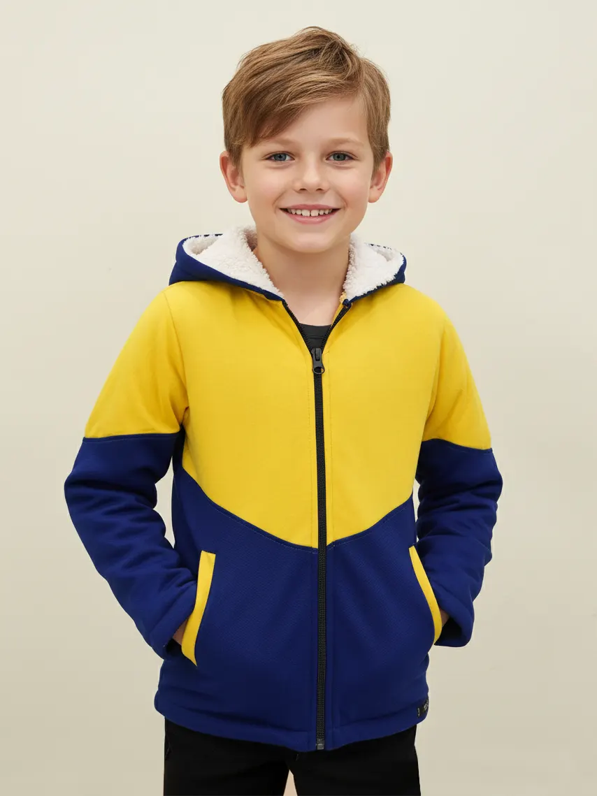 Mango Stylish Inner Fur Zipper Hoodie For Kids-Yellow & Royal Blue-BE153/BR964