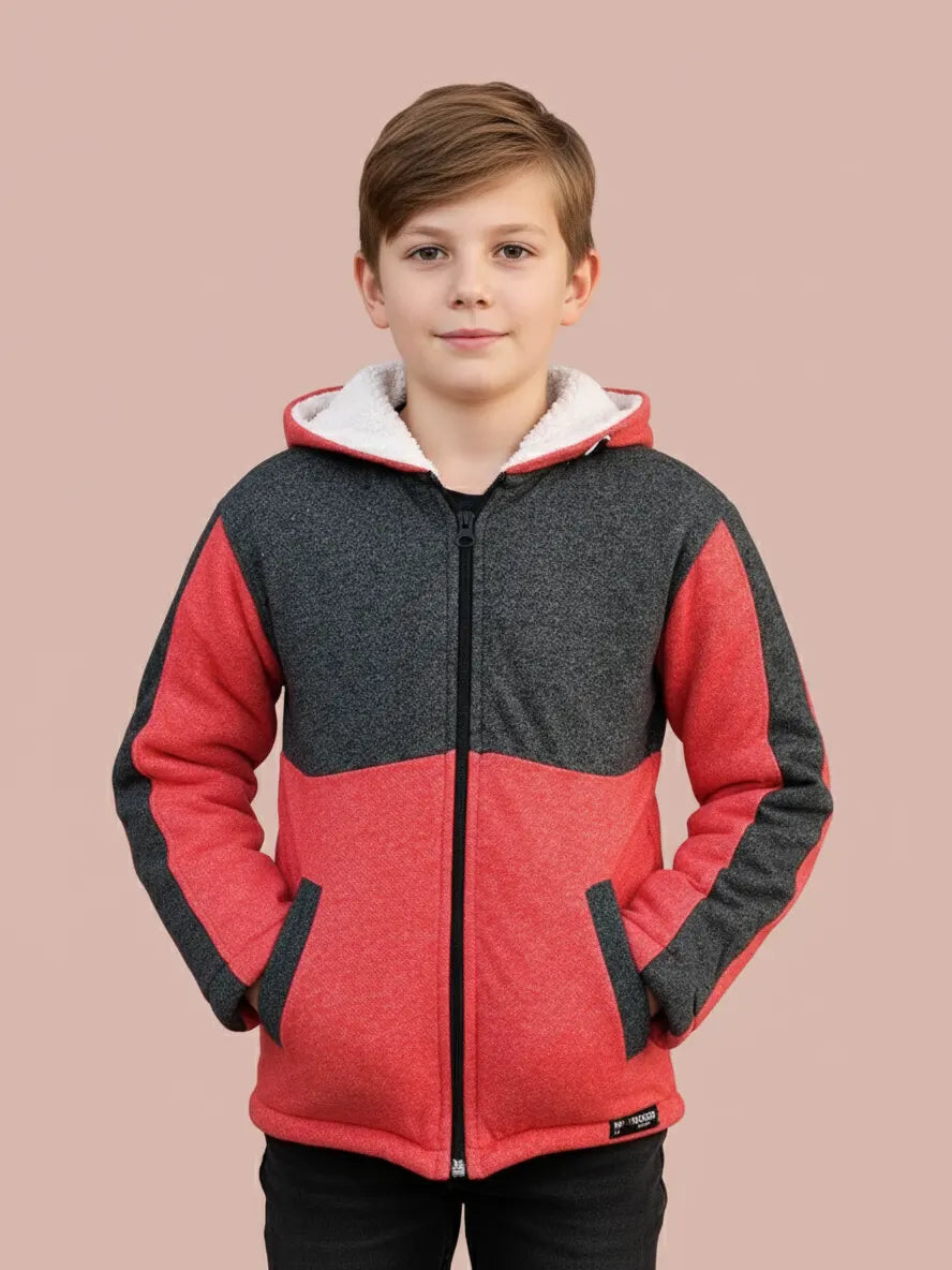 Mango Stylish Inner Fur Zipper Hoodie For Kids-Red Melange & Charcoal Melange-BE139/BR951