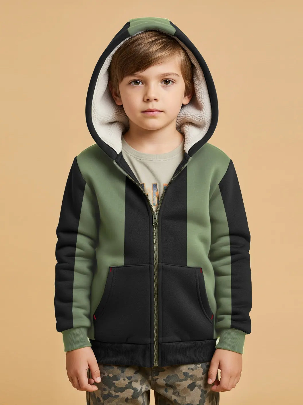 NXT Inner Fur Hood Fleece Full Zipper Hoodie For Kids-Black with Green Panels-BE2673/BR14579