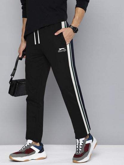 Slazenger Fleece Stylish Sweatpants For Men-Black with Green & Blue Stripe-BR14353