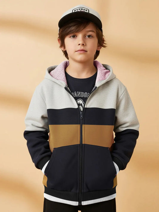 NXT Inner Fur Hood Fleece Full Zipper Hoodie For Kids-Navy with Brown & White Melange Panels-BE2480/BR14493